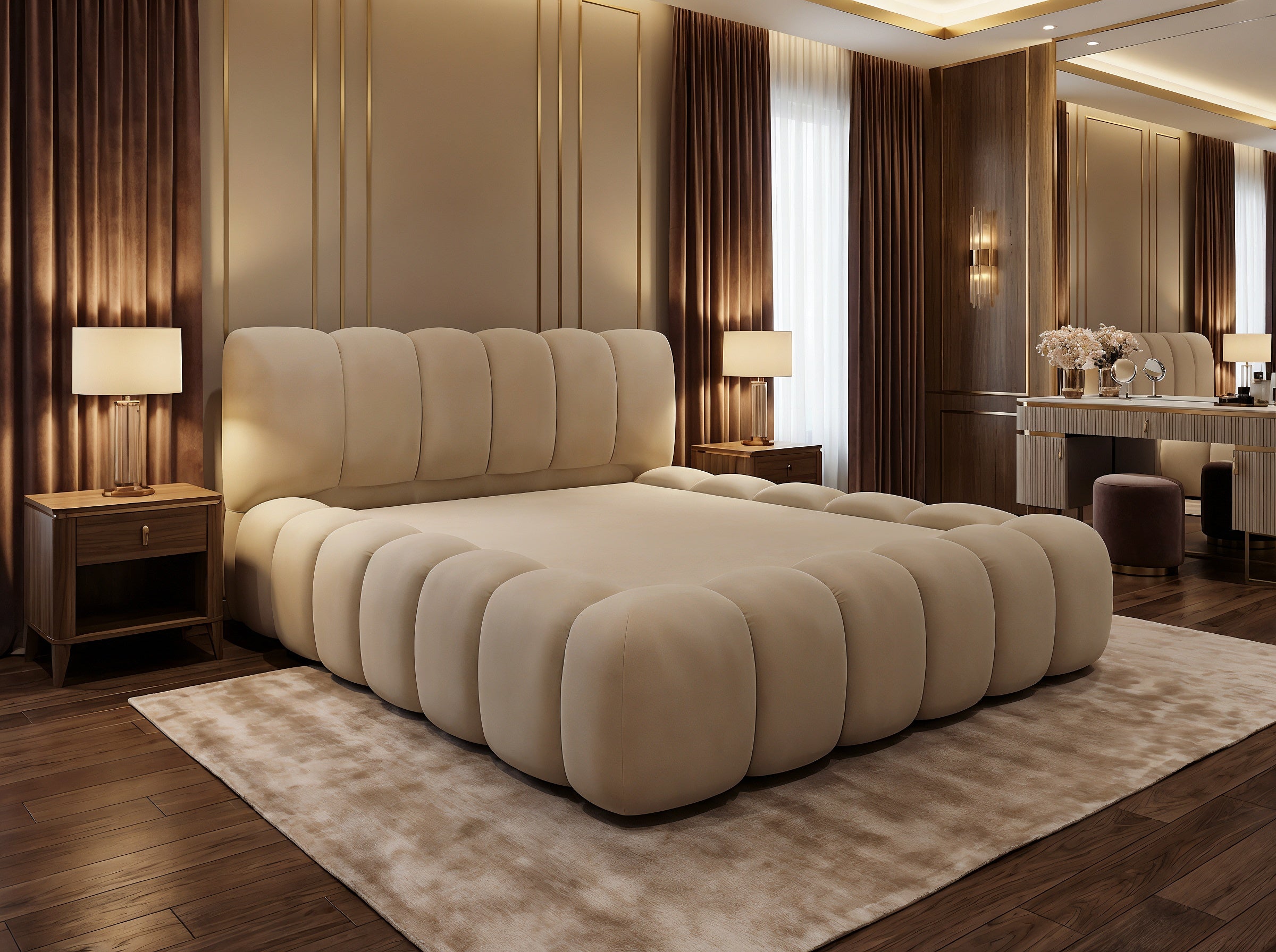 Cadre de Lit Luxueux Rembourré en Velours "Bubble" - 3 Finitions Premium (Uni, Brodé, Texturé) - Tailles Queen et King