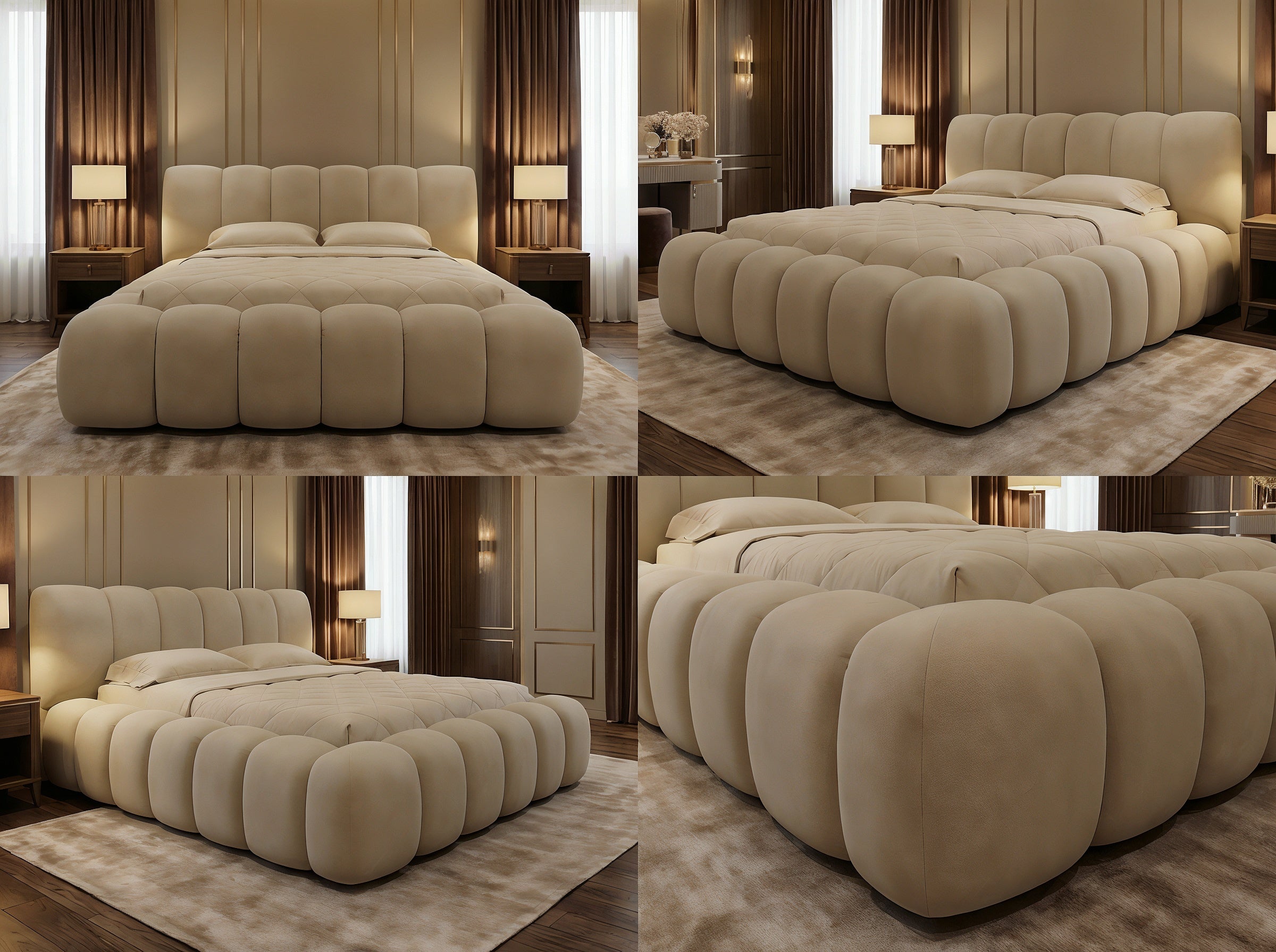 Cadre de Lit Luxueux Rembourré en Velours "Bubble" - 3 Finitions Premium (Uni, Brodé, Texturé) - Tailles Queen et King