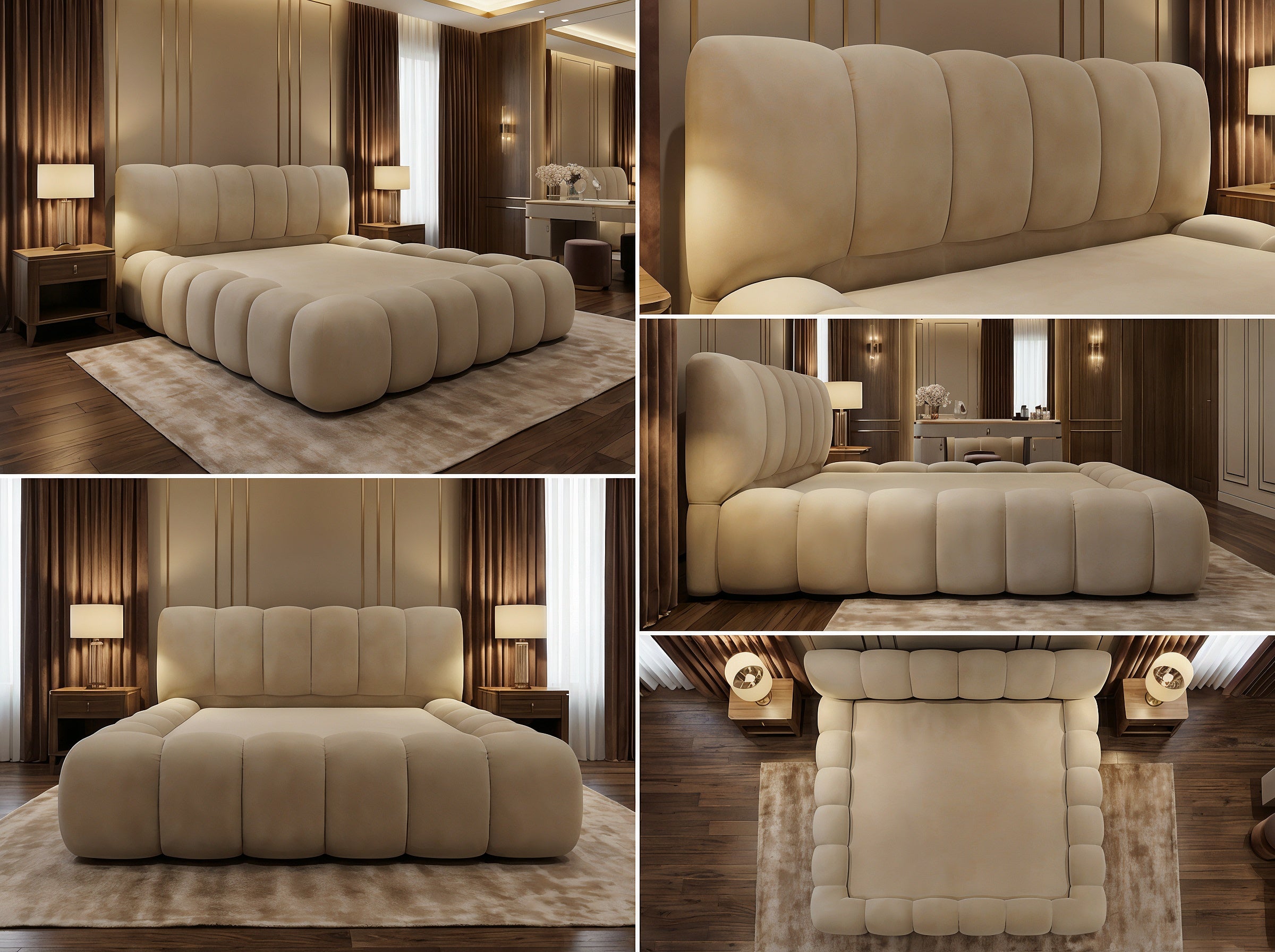 Cadre de Lit Luxueux Rembourré en Velours "Bubble" - 3 Finitions Premium (Uni, Brodé, Texturé) - Tailles Queen et King