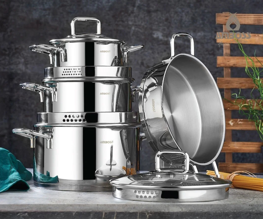 Amboss Diamond Strainer – Batterie de Cuisine 8 Pièces à Couvercles Verre