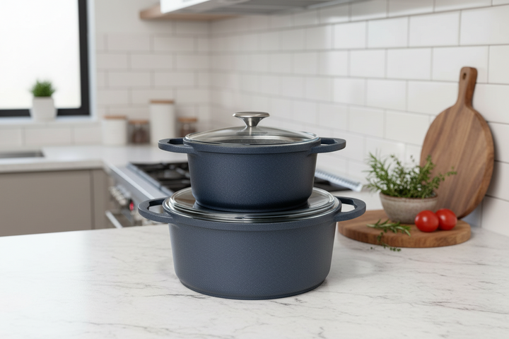 Marmite haute 20 cm - 24 cm, en fonte d'aluminium gris avec couvercle en verre - Élégance et performance