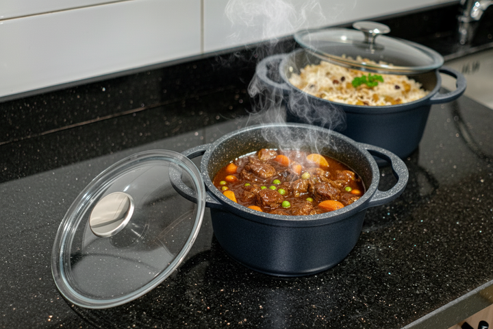 Marmite haute 20 cm - 24 cm, en fonte d'aluminium gris avec couvercle en verre - Élégance et performance