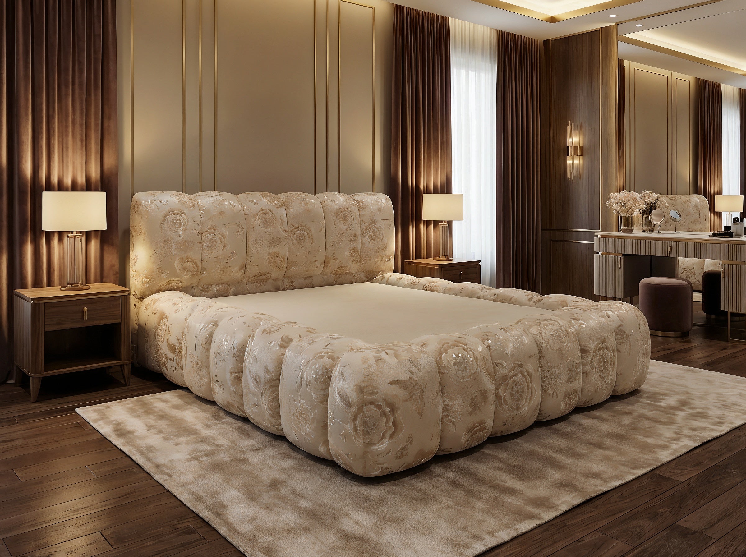 Cadre de Lit Luxueux Rembourré en Velours "Bubble" - 3 Finitions Premium (Uni, Brodé, Texturé) - Tailles Queen et King