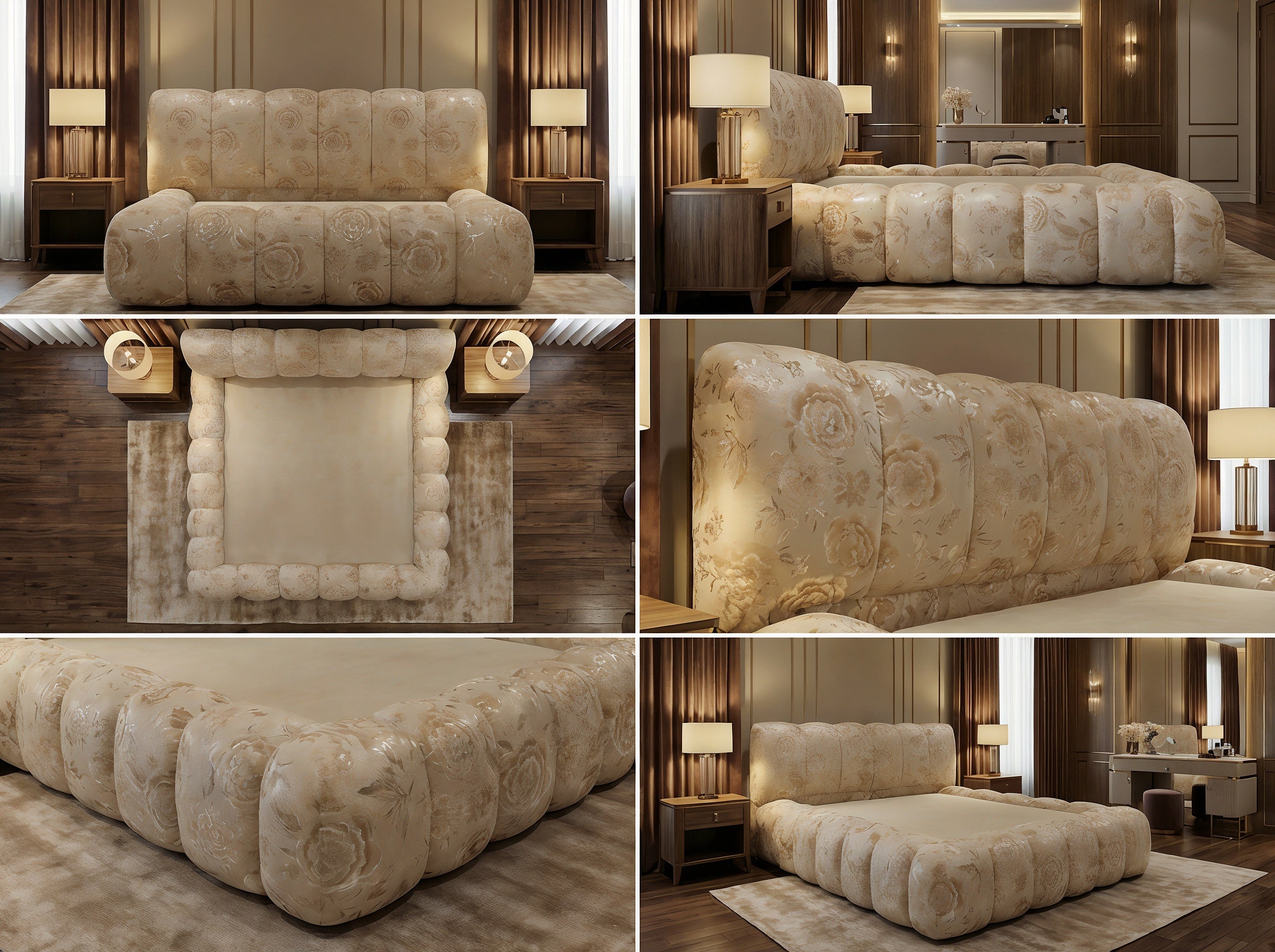 Cadre de Lit Luxueux Rembourré en Velours "Bubble" - 3 Finitions Premium (Uni, Brodé, Texturé) - Tailles Queen et King