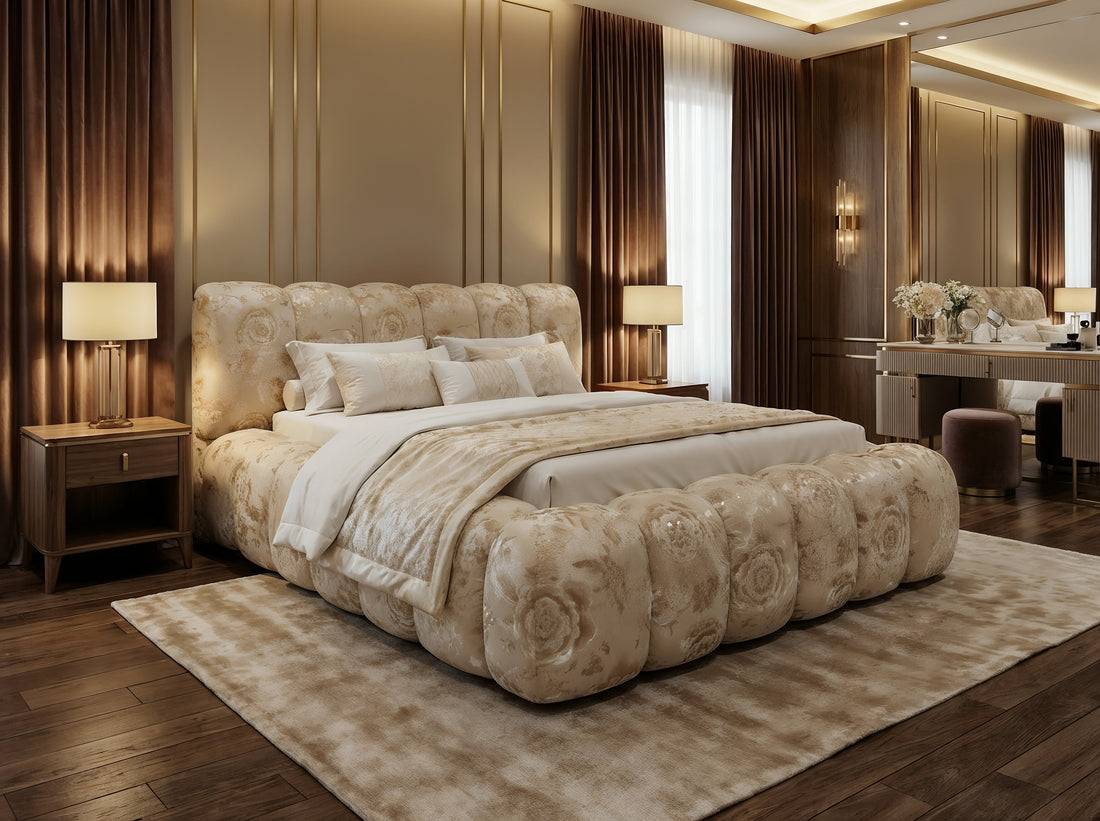 Cadre de Lit Luxueux Rembourré en Velours "Bubble" - 3 Finitions Premium (Uni, Brodé, Texturé) - Tailles Queen et King