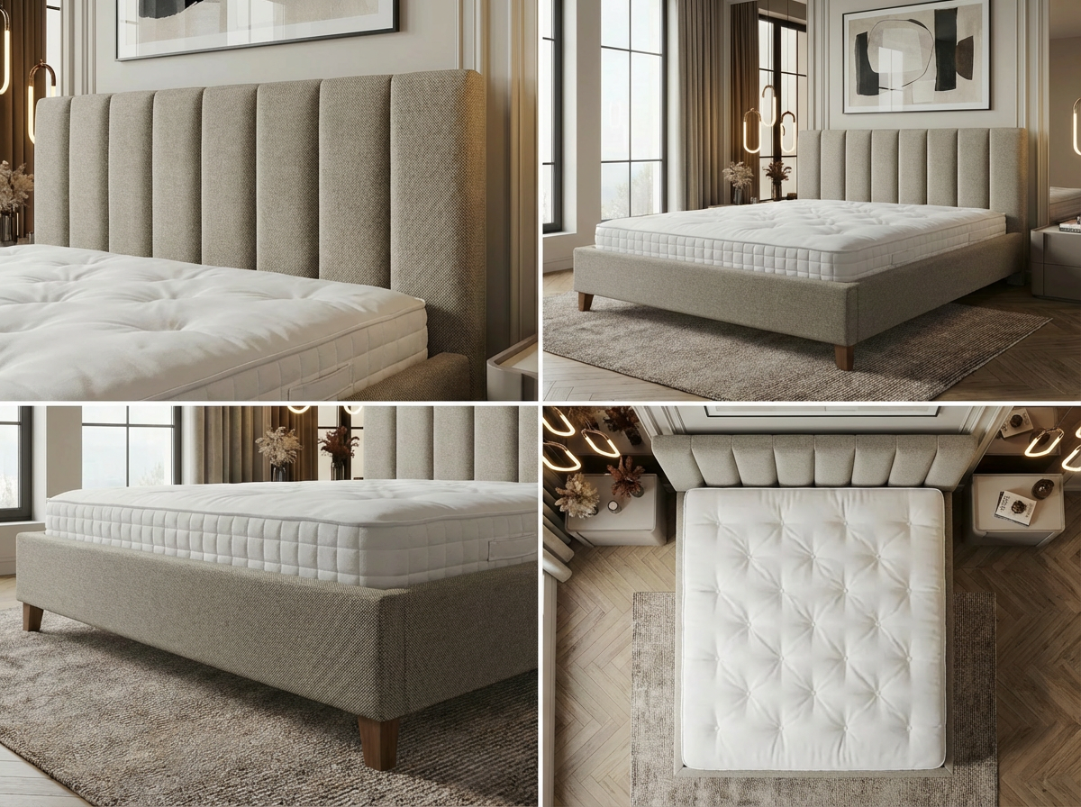 Cadre de Lit Moderne Cannelé en Tissu Texturé Gris Clair/Taupe - Tête de Lit Haute (Ribbed) - Tailles Queen et King