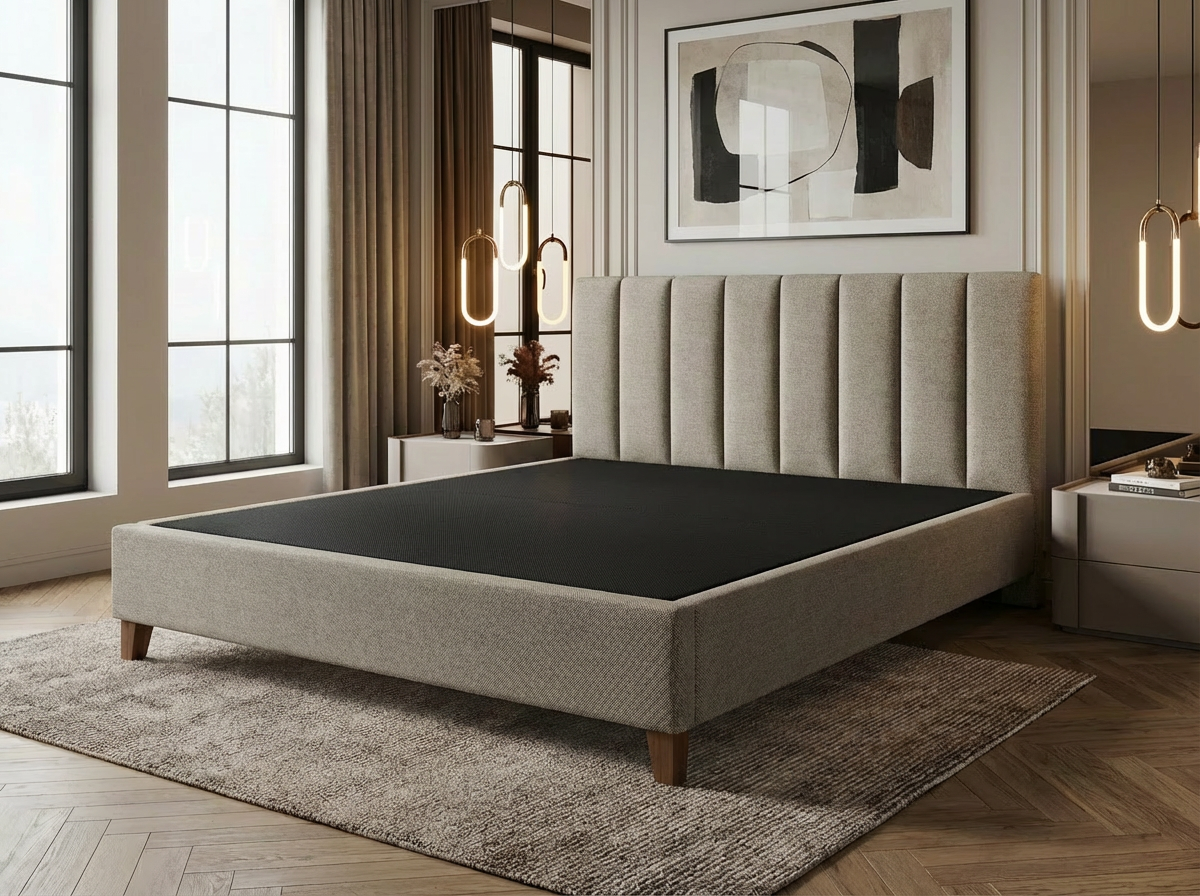 Cadre de Lit Moderne Cannelé en Tissu Texturé Gris Clair/Taupe - Tête de Lit Haute (Ribbed) - Tailles Queen et King