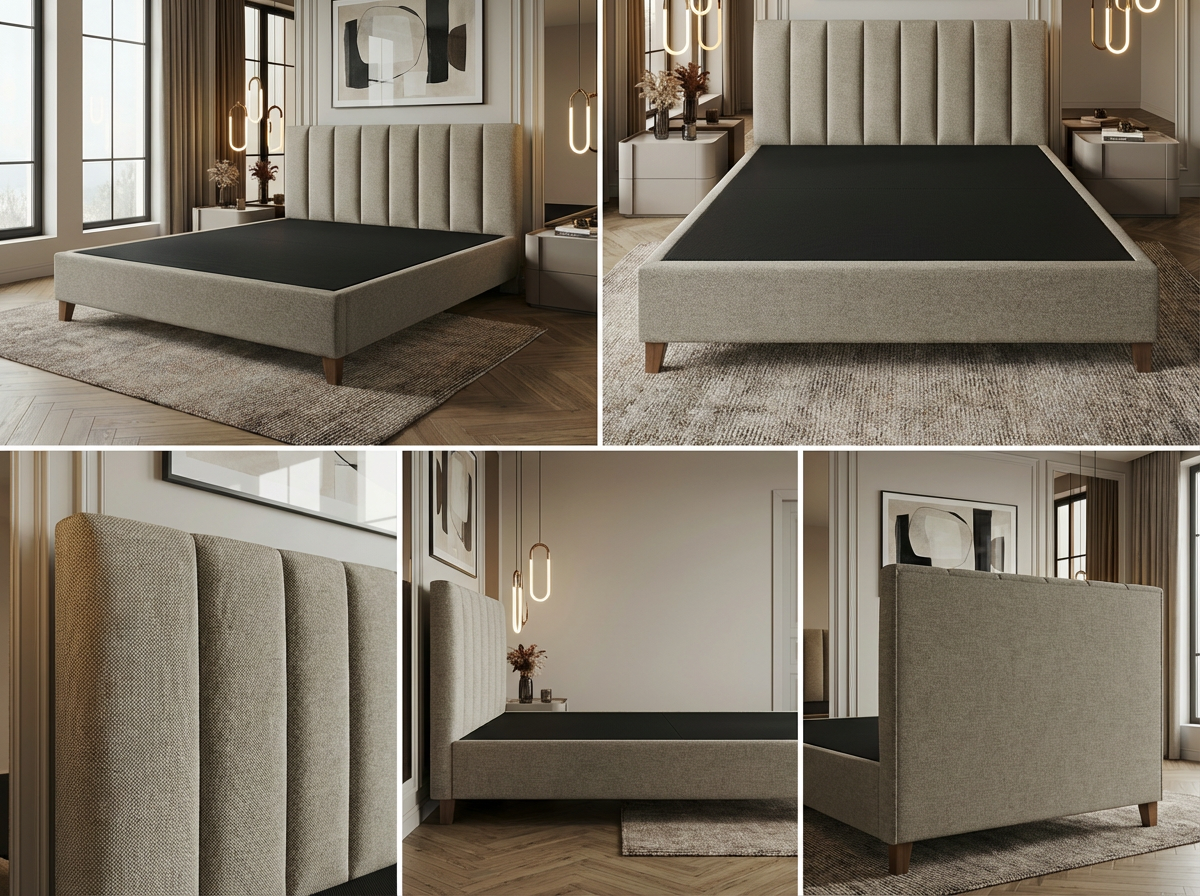 Cadre de Lit Moderne Cannelé en Tissu Texturé Gris Clair/Taupe - Tête de Lit Haute (Ribbed) - Tailles Queen et King