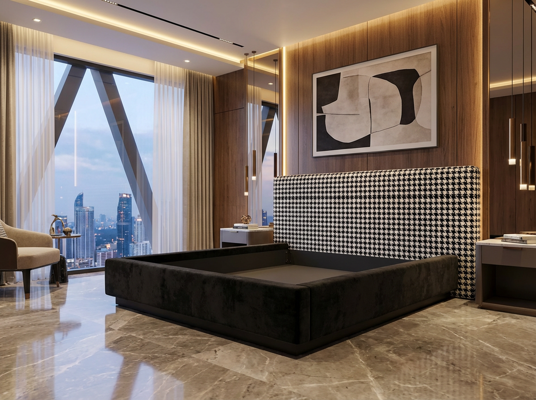 Cadre de Lit Luxueux Rembourré en Velours à Motif Baroque/Floral - Design "Bubble" - Tailles Queen et King