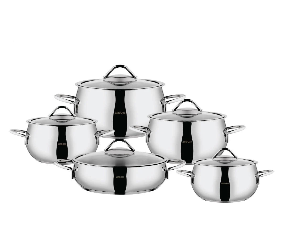 Amboss Moon – Batterie de Cuisine 10 Pièces en Acier Inoxydable avec Couvercles en Verre