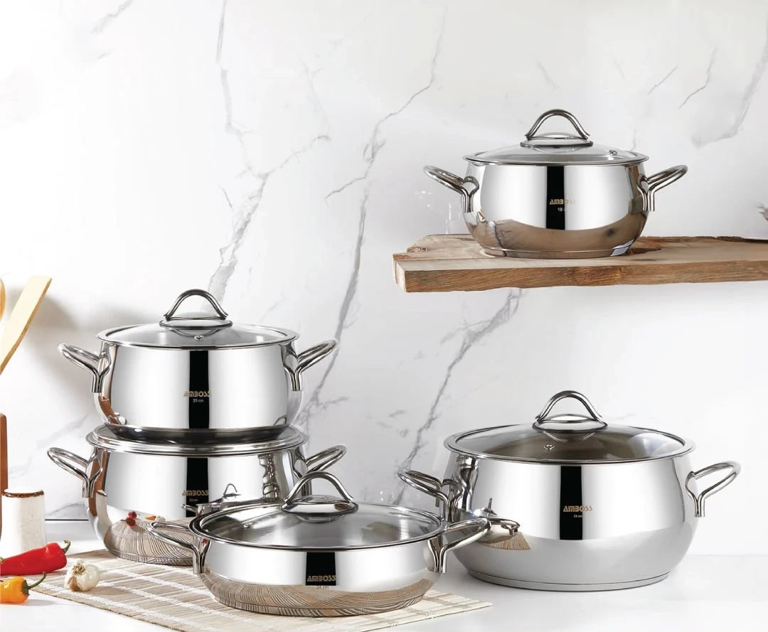 Amboss Moon – Batterie de Cuisine 10 Pièces en Acier Inoxydable avec Couvercles en Verre