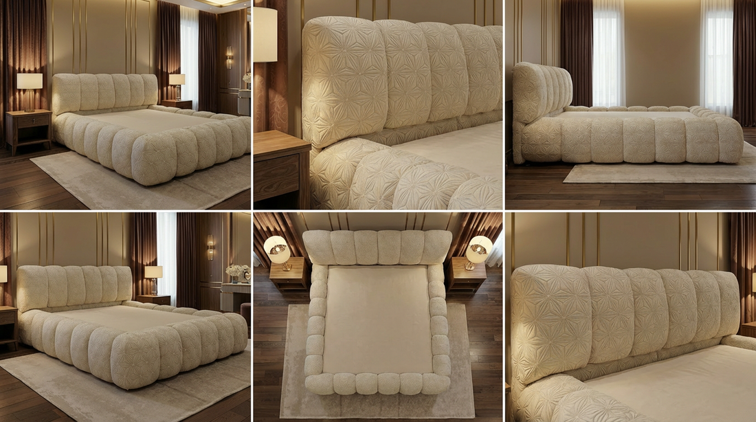 Cadre de Lit Luxueux Rembourré en Velours "Bubble" - 3 Finitions Premium (Uni, Brodé, Texturé) - Tailles Queen et King